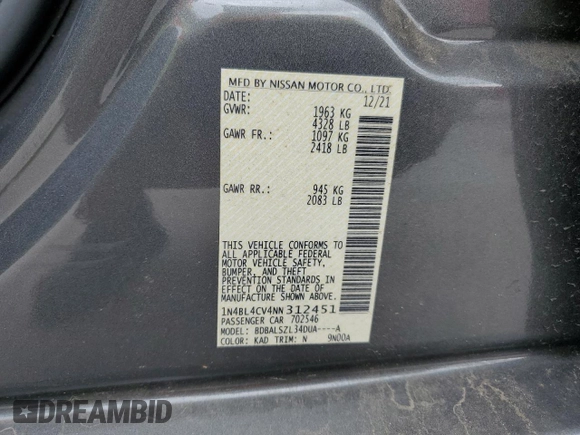2022 Nissan Altima 2.5 SR with VIN 1N4BL4CV4NN312451, listed as a Copart auction lot 51521305 with Not Provided miles and Salvage Title. Bid and sale history available at carsss.com. Image 14.