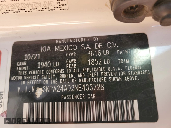 2022 Kia Rio LX with VIN 3KPA24AD2NE433728, listed as a Copart auction lot 87222834 with 37,297 mi miles and Salvage Title. Bid and sale history available at carsss.com. Image 13.