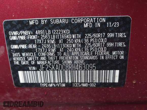 2024 Subaru Forester Premium with VIN JF2SKADC8RH463095, listed as a IAAI auction lot 41514816 with 9,041 mi miles. Bid and sale history available at carsss.com. Image 9.