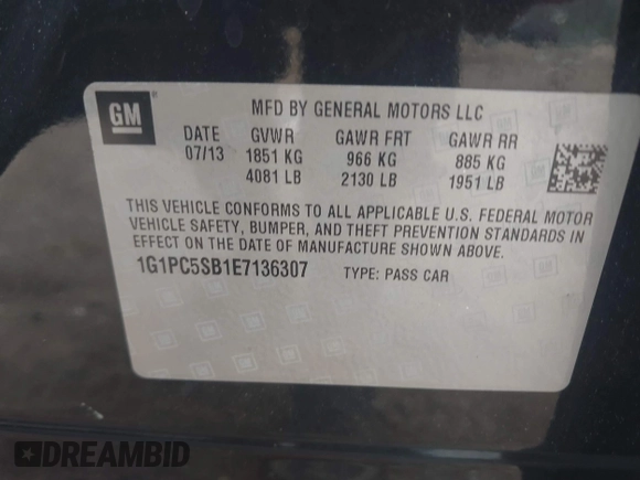 2014 Chevrolet Cruze 1LT z VIN 1G1PC5SB1E7136307, wystawiony jako IAAI lot #42544810 z przebiegiem 113 073 mil mil oraz . Historia ofert i sprzedaży dostępna na DreamBid. Obrazek 9.