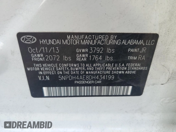 2013 Hyundai Elantra GLS with VIN 5NPDH4AE8DH434199, listed as a Copart auction lot 64002625 with 233,546 mi miles and Salvage title. Bid and sale history available at DreamBid. Image 12.