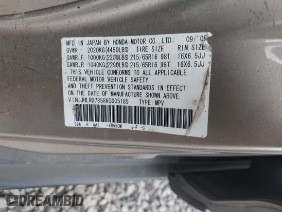 2006 Honda CR-V LX with VIN JHLRD78586C005185, listed as a IAAI auction lot 41976444 with 175,357 mi miles and . Bid and sale history available at carsss.com. Image 9.