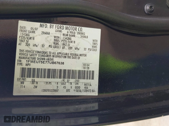 2007 Ford Explorer Limited with VIN 1FMEU75E77UB67638, listed as a IAAI auction lot 42224852 with 139,101 mi miles and . Bid and sale history available at DreamBid. Image 9.