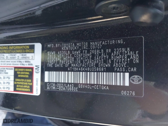 2008 Toyota Camry LE with VIN 4T1BK46K48U058681, listed as a IAAI auction lot 41194534 with 214,271 mi miles. Bid and sale history available at carsss.com. Image 9.