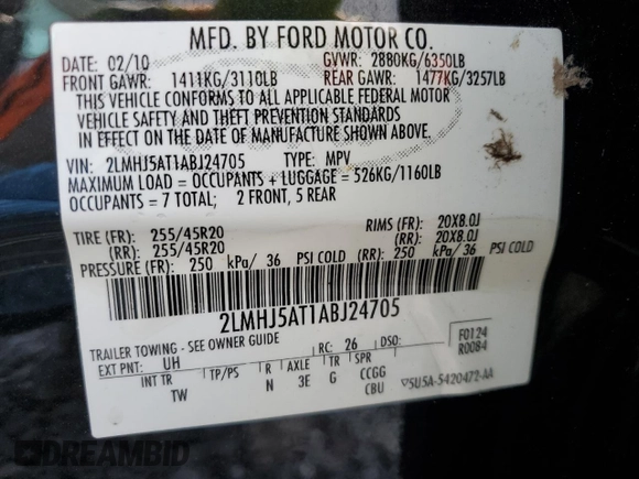 2010 Lincoln MKT EcoBoost with VIN 2LMHJ5AT1ABJ24705, listed as a Copart auction lot 52198905 with 58,288 mi miles and Salvage Title. Bid and sale history available at DreamBid. Image 13.