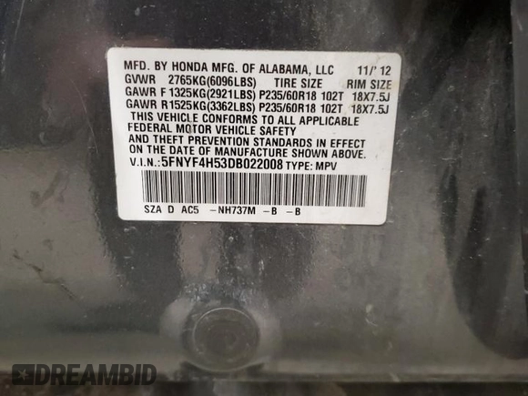 2013 Honda Pilot EX-L with VIN 5FNYF4H53DB022008, listed as a Copart auction lot 57684135 with 102,632 mi miles and Clean title. Bid and sale history available at DreamBid. Image 14.