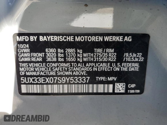 2025 BMW X6 xDrive40i with VIN 5UX33EX07S9Y53337, listed as a Copart auction lot 46340085 with 1,609 mi miles and Salvage Title. Bid and sale history available at carsss.com. Image 13.