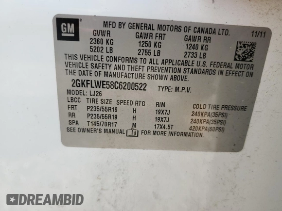2012 GMC Terrain SLT-2 with VIN 2GKFLWE58C6200522, listed as a Copart auction lot 60616405 with 198,559 mi miles and Salvage title. Bid and sale history available at DreamBid. Image 13.