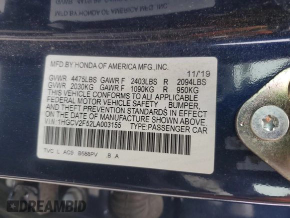 2020 Honda Accord EX-L with VIN 1HGCV2F52LA003155, listed as a Copart auction lot 57173685 with 28,722 mi miles and Salvage title. Bid and sale history available at DreamBid. Image 12.