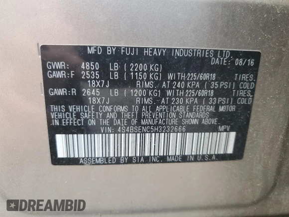 2017 Subaru Outback Limited with VIN 4S4BSENC5H3232666, listed as a Copart auction lot 58437815 with 49,643 mi miles and Salvage title. Bid and sale history available at DreamBid. Image 14.