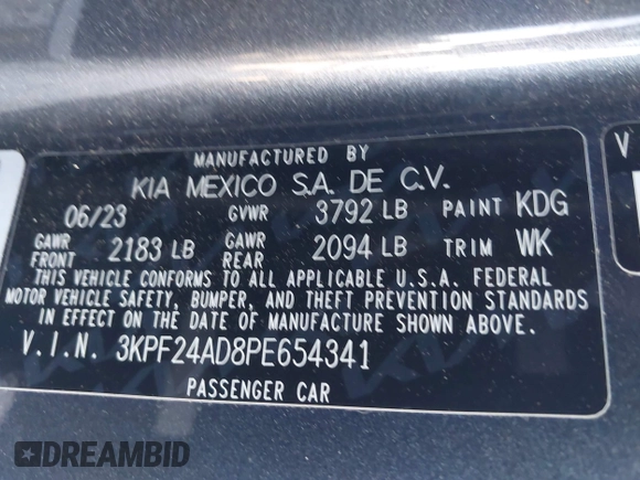 2023 Kia Forte LXS z VIN 3KPF24AD8PE654341, wystawiony jako IAAI lot #41261511 z przebiegiem 20 312 mil mil oraz . Historia ofert i sprzedaży dostępna na DreamBid. Obrazek 9.