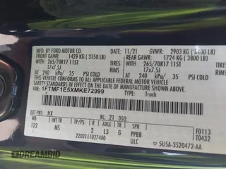 2021 Ford F-150 XL z VIN 1FTMF1E5XMKE72999, wystawiony jako IAAI lot #41790862 z przebiegiem 55 991 mil mil oraz . Historia ofert i sprzedaży dostępna na DreamBid. Obrazek 9.