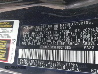 2015 Toyota Camry XLE with VIN 4T1BF1FK9FU921085, listed as a IAAI auction lot 41376788 with 169,884 mi miles and . Bid and sale history available at DreamBid. Image 9.