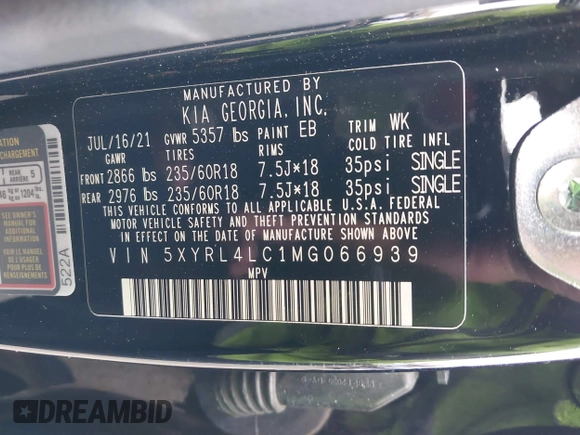 2021 Kia Sorento S with VIN 5XYRL4LC1MG066939, listed as a IAAI auction lot 42141340 with 53,937 mi miles and . Bid and sale history available at DreamBid. Image 9.