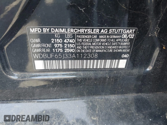 2003 Mercedes-Benz E-Class 3.2L with VIN WDBUF65J33A112308, listed as a IAAI auction lot 41871334 with 138,522 mi miles. Bid and sale history available at carsss.com. Image 9.