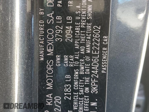 2020 Kia Forte LXS with VIN 3KPF24AD6LE222602, listed as a Copart auction lot 50306175 with 61,998 mi miles and Salvage Title. Bid and sale history available at carsss.com. Image 12.