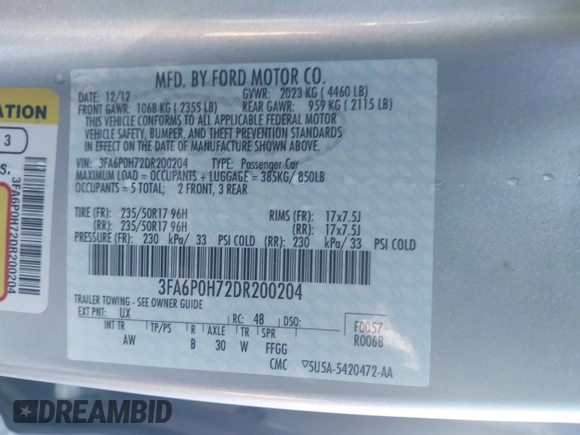 2013 Ford Fusion SE with VIN 3FA6P0H72DR200204, listed as a IAAI auction lot 41212133 with 126,830 mi miles and . Bid and sale history available at DreamBid. Image 9.
