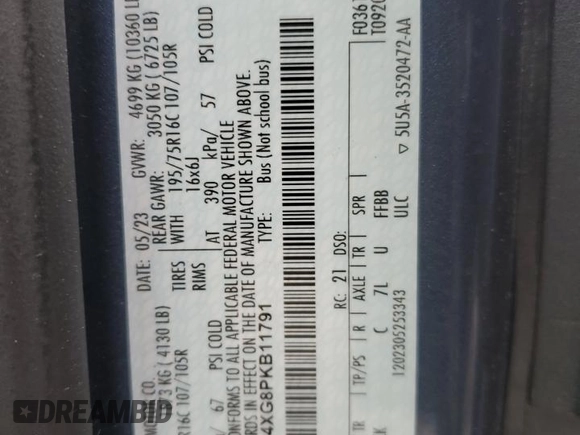 2023 Ford Transit Passenger XL with VIN 1FBVU4XG8PKB11791, listed as a Copart auction lot 44168115 with 2,482 mi miles and Non repairable. Bid and sale history available at DreamBid. Image 14.