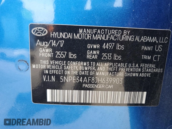 2018 Hyundai Sonata SEL with VIN 5NPE34AF8JH639903, listed as a Copart auction lot 50954785 with 71,135 mi miles and Salvage Title. Bid and sale history available at DreamBid. Image 12.