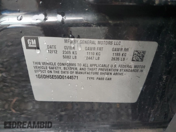 2013 Cadillac CTS Luxury with VIN 1G6DH5E59D0144571, listed as a Copart auction lot 50257955 with Not provided miles and Clean title. Bid and sale history available at DreamBid. Image 12.