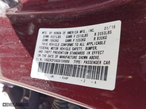 2016 Honda Accord Sedan Sport with VIN 1HGCR2F56GA104998, listed as a IAAI auction lot 41930519 with 85,956 mi miles. Bid and sale history available at carsss.com. Image 9.