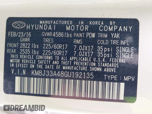 2016 Hyundai Tucson SE z VIN KM8J33A48GU192135, wystawiony jako IAAI lot #42216339 z przebiegiem 79 283 mil mil oraz . Historia ofert i sprzedaży dostępna na DreamBid. Obrazek 9.