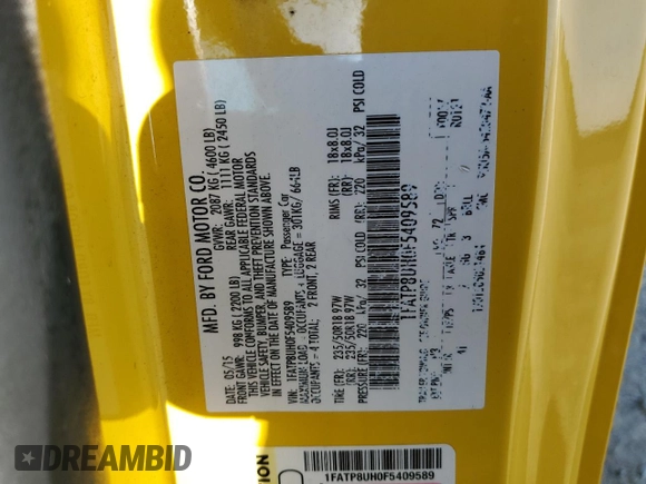 2015 Ford Mustang EcoBoost Premium with VIN 1FATP8UH0F5409589, listed as a Copart auction lot 63859335 with 124,973 mi miles and Salvage title. Bid and sale history available at DreamBid. Image 12.