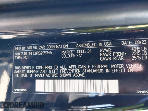 2024 Volvo S60 Plus Dark Theme with VIN 7JRL12FL8RG295345, listed as a IAAI auction lot 41989830 with 38,817 mi miles. Bid and sale history available at carsss.com. Image 9.