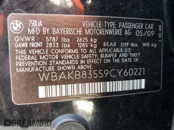 2009 BMW 7 Series 750Li z VIN WBAKB83559CY60221, wystawiony jako Copart lot #46941725 z przebiegiem 109 669 mil mil oraz Czysty tytuł • Clean title. Historia ofert i sprzedaży dostępna na DreamBid. Obrazek 12.