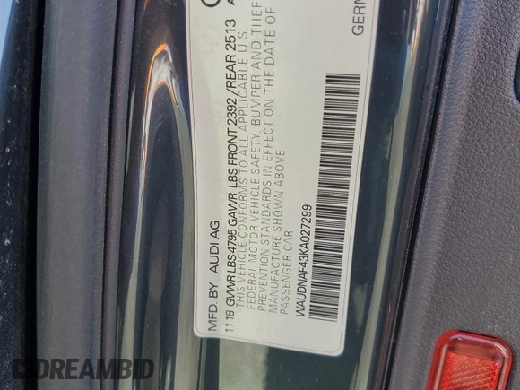 2019 Audi A4 Premium with VIN WAUDNAF43KA027299, listed as a Copart auction lot 55176575 with Not provided miles and Salvage title. Bid and sale history available at DreamBid. Image 12.