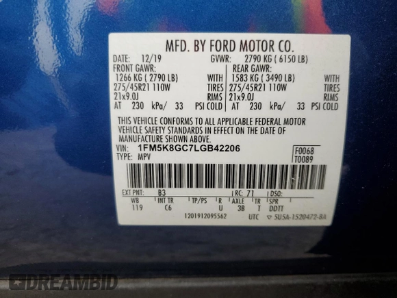 2020 Ford Explorer ST with VIN 1FM5K8GC7LGB42206, listed as a Copart auction lot 53849925 with 75,638 mi miles and Salvage Title. Bid and sale history available at DreamBid. Image 13.