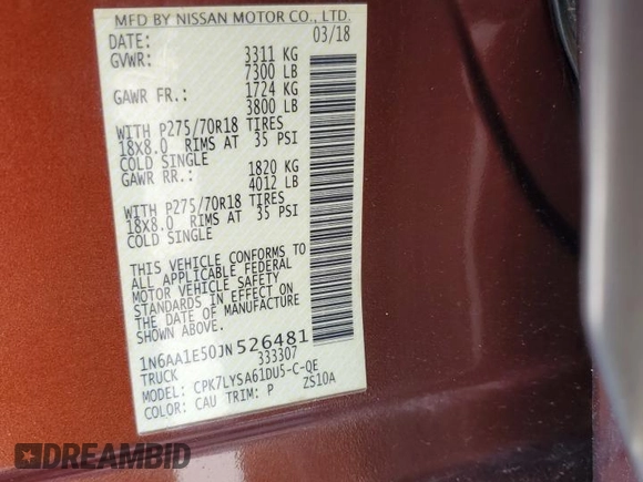 2018 Nissan Titan Pro-4X z VIN 1N6AA1E50JN526481, wystawiony jako Copart lot #71800504 z przebiegiem 147 463 mil mil oraz Szkoda całkowita • Salvage title. Historia ofert i sprzedaży dostępna na DreamBid. Obrazek 14.
