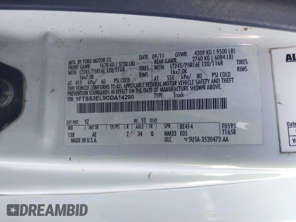 2012 Ford Econoline Cargo Super Duty Commercial с VIN 1FTSS3EL9CDA14290, выставлен на аукционе IAAI как лот 41334534 с пробегом 265 116 миль миль и . История ставок и продаж доступна на DreamBid. Изображение 9.