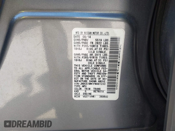 2015 Infiniti QX70 with VIN JN8CS1MW1FM481233, listed as a IAAI auction lot 41976458 with 134,875 mi miles and . Bid and sale history available at DreamBid. Image 9.