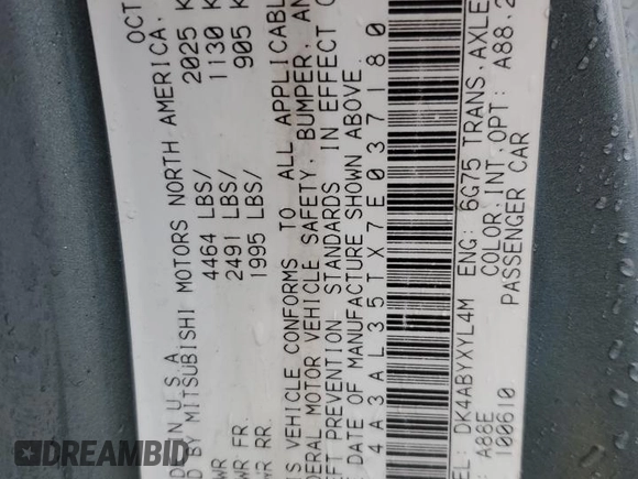 2007 Mitsubishi Eclipse GT with VIN 4A3AL35TX7E037180, listed as a Copart auction lot 50335665 with 78,311 mi miles and Salvage Title. Bid and sale history available at DreamBid. Image 12.