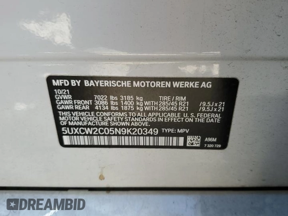2022 BMW X7 xDrive40i with VIN 5UXCW2C05N9K20349, listed as a Copart auction lot 48778145 with 53,626 mi miles and Salvage Title. Bid and sale history available at carsss.com. Image 13.