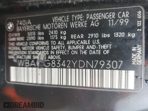 2000 BMW 7 Series 740i with VIN WBAGG8342YDN79307, listed as a Copart auction lot 80962694 with 166,520 mi miles and Clean title. Bid and sale history available at DreamBid. Image 13.