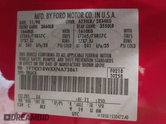 1999 Ford F-150 z VIN 1FTRX18WXXNA73861, wystawiony jako IAAI lot #42517576 z przebiegiem Nie podano mil oraz . Historia ofert i sprzedaży dostępna na DreamBid. Obrazek 9.