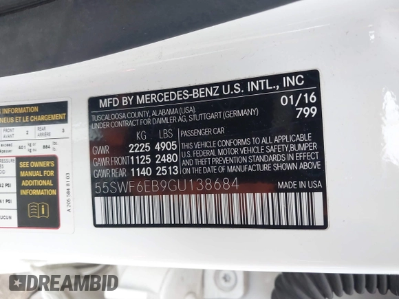 2016 Mercedes-Benz C 450 AMG with VIN 55SWF6EB9GU138684, listed as a IAAI auction lot 41846257 with 121,617 mi miles and . Bid and sale history available at carsss.com. Image 9.