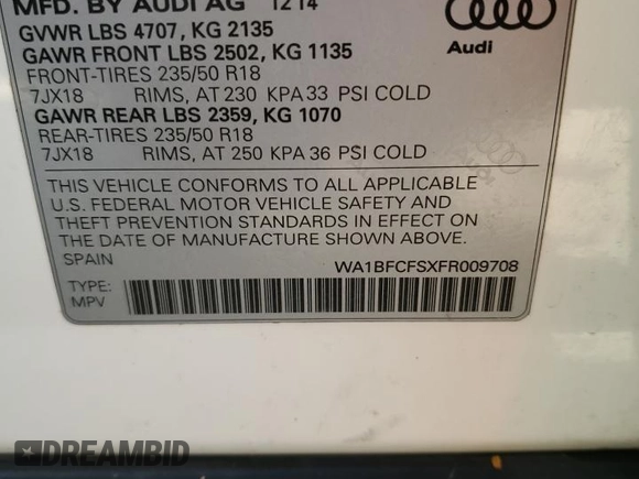2015 Audi Q3 Premium Plus with VIN WA1BFCFSXFR009708, listed as a Copart auction lot 88982135 with 146,063 mi miles and Clean title. Bid and sale history available at DreamBid. Image 12.