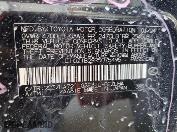 2024 Lexus IS 350 F Sport with VIN JTHGZ1B29R5075495, listed as a Copart auction lot 53697565 with 11,799 mi miles and Salvage title. Bid and sale history available at DreamBid. Image 13.