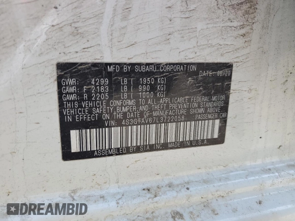 2020 Subaru Impreza Premium with VIN 4S3GTAV67L3722058, listed as a Copart auction lot 54587185 with 85,150 mi miles and Salvage title. Bid and sale history available at DreamBid. Image 12.