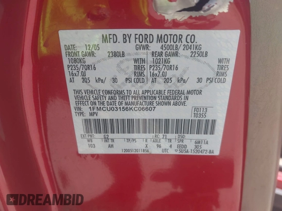 2006 Ford Escape XLT with VIN 1FMCU03156KC06607, listed as a IAAI auction lot 42564636 with 183,896 mi miles and . Bid and sale history available at DreamBid. Image 9.