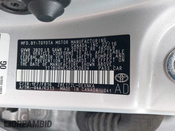 2016 Toyota Corolla L with VIN 2T1BURHE5GC620604, listed as a IAAI auction lot 42708089 with 91,206 mi miles and . Bid and sale history available at DreamBid. Image 9.