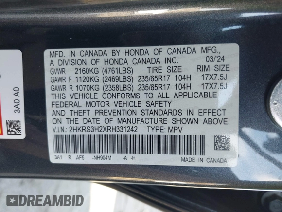 2024 Honda CR-V LX with VIN 2HKRS3H2XRH331242, listed as a IAAI auction lot 40762724 with 4,274 mi miles and . Bid and sale history available at DreamBid. Image 9.