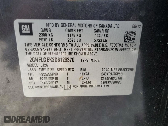 2013 Chevrolet Equinox LTZ with VIN 2GNFLGEK2D6126370, listed as a Copart auction lot 51602235 with 76,682 mi miles and Salvage Title. Bid and sale history available at DreamBid. Image 13.