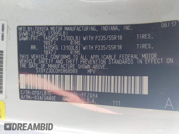 2017 Toyota Sienna XLE Auto Access Seat z VIN 5TDYZ3DC0HS868989, wystawiony jako IAAI lot #42174075 z przebiegiem 189 634 mil mil oraz . Historia ofert i sprzedaży dostępna na DreamBid. Obrazek 9.