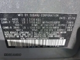 2019 Subaru Outback Limited with VIN 4S4BSANCXK3396981, listed as a IAAI auction lot 41772718 with 54,731 mi miles and . Bid and sale history available at DreamBid. Image 9.