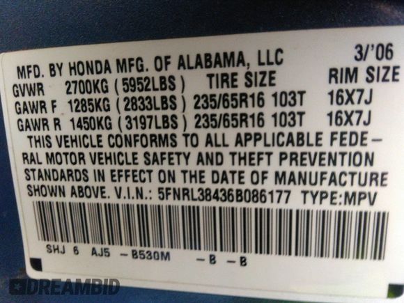 2006 Honda Odyssey EX with VIN 5FNRL38436B086177, listed as a IAAI auction lot 41219596 with 123,455 mi miles. Bid and sale history available at carsss.com. Image 9.