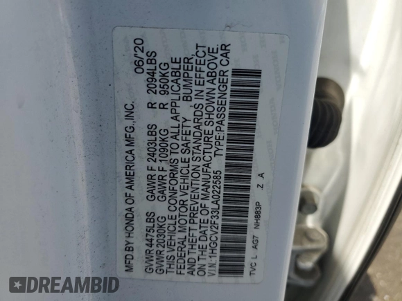 2020 Honda Accord Sport with VIN 1HGCV2F33LA022585, listed as a Copart auction lot 61072845 with Not provided miles and Salvage title. Bid and sale history available at DreamBid. Image 12.